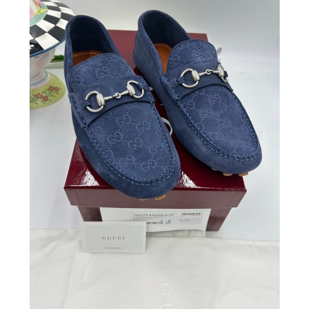Men's Gucci GG embossed blue suede driver loafers size 9 fits 9.5 US made Italy